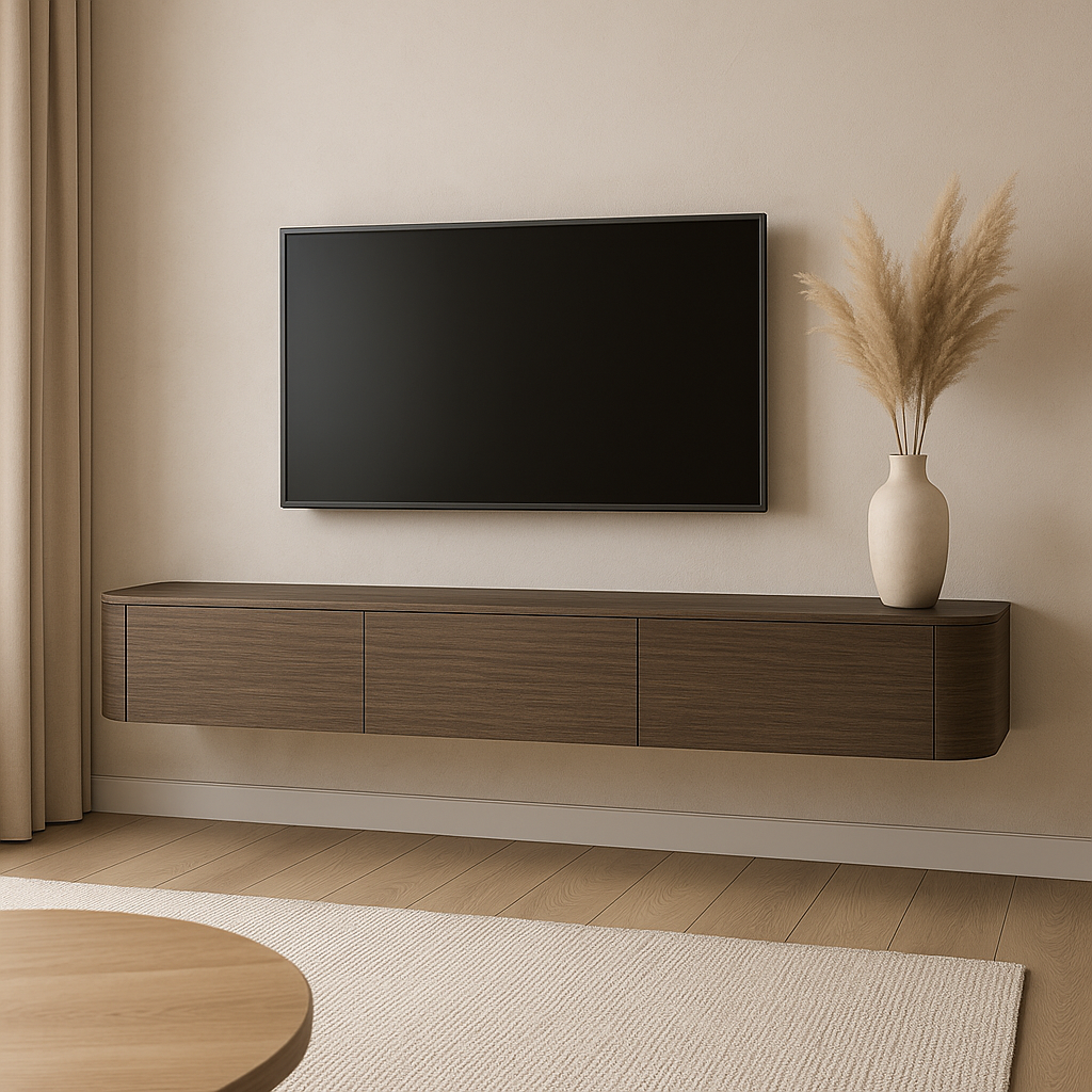 TV-meubel hangend walnoot fineer met ronde zijkanten Houtenmeubelshop
