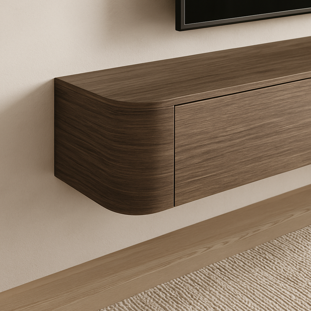 TV-meubel hangend walnoot fineer met ronde zijkanten Houtenmeubelshop