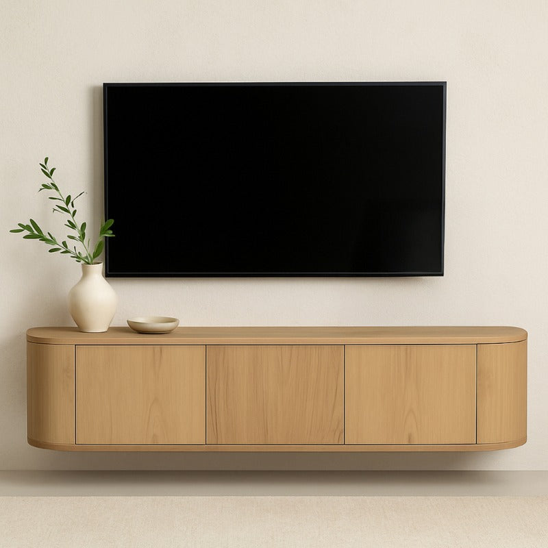 Japandi hangend TV-meubel Novu met ronde zijkanten 180cm transparant mat Houtenmeubelshop