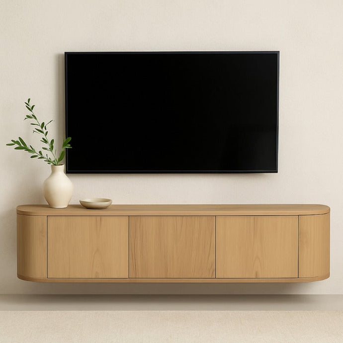 Japandi hangend TV-meubel Novu met ronde zijkanten 180cm transparant mat Houtenmeubelshop