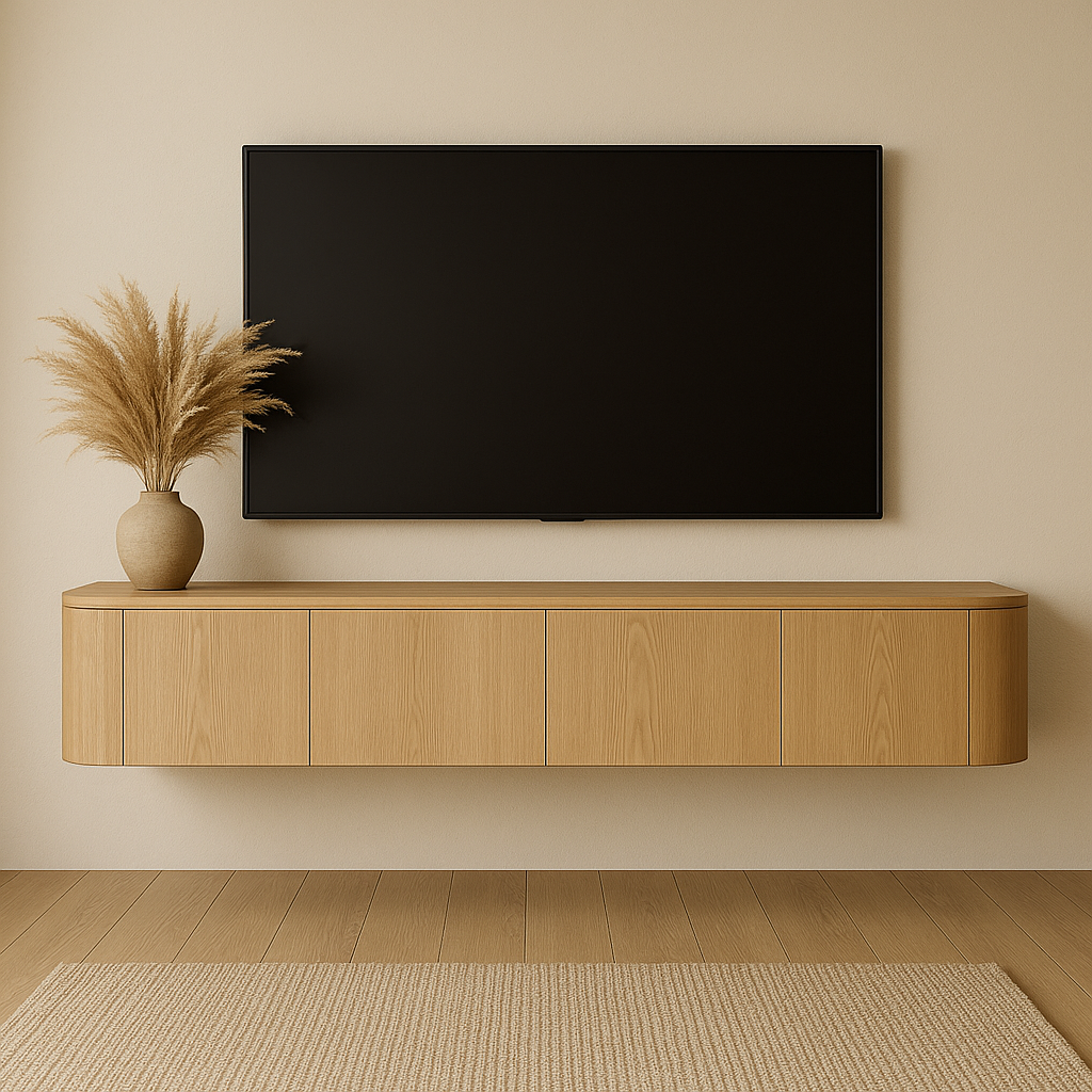 Japandi hangend TV-meubel Novu met ronde zijkanten 220cm transparant mat Houtenmeubelshop