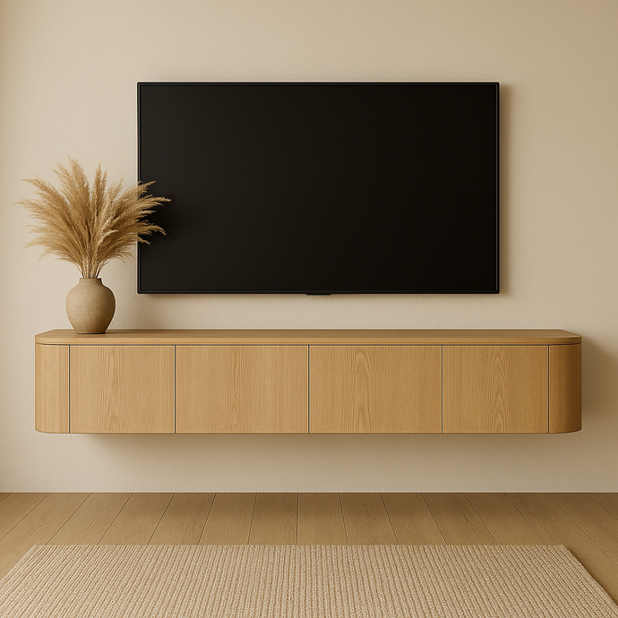 Japandi hangend TV-meubel Novu met ronde zijkanten 220cm transparant mat Houtenmeubelshop