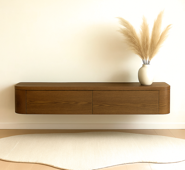 TV-meubel hangend mid brown eikenlook plaatmateriaal met ronde zijkanten