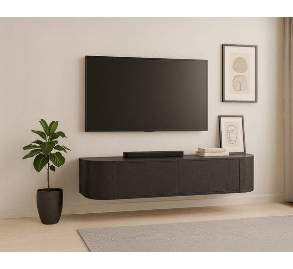 Japandi hangend TV-meubel Novu met ronde zijkanten 140cm - zwartbruin espresso
