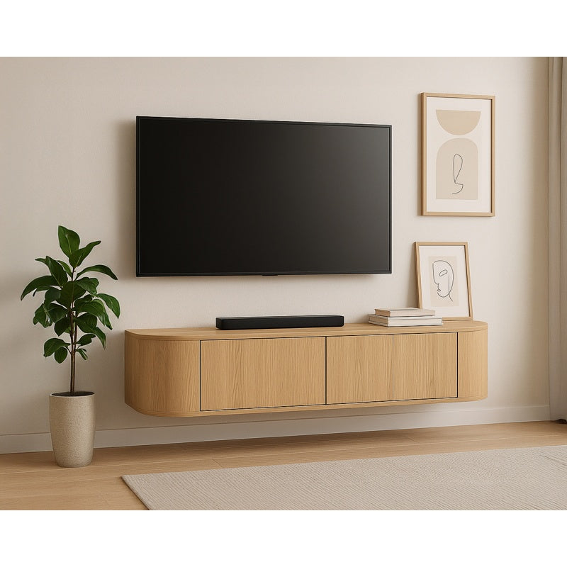 Japandi hangend TV-meubel Novu met ronde zijkanten 140cm - Transparant mat Houtenmeubelshop