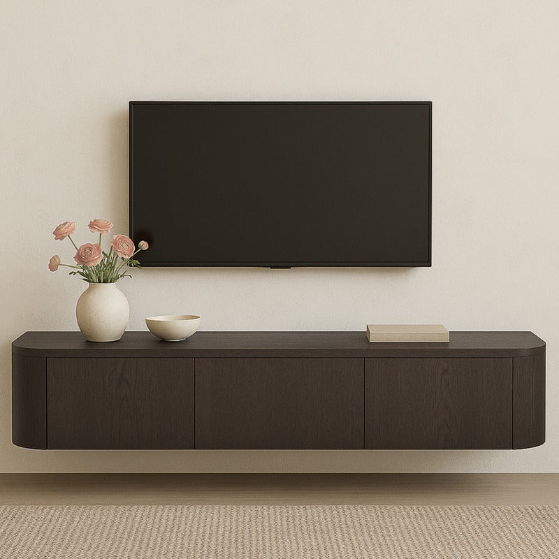 Japandi hangend TV-meubel Novu met ronde zijkanten 180cm - zwartbruin espresso Houtenmeubelshop