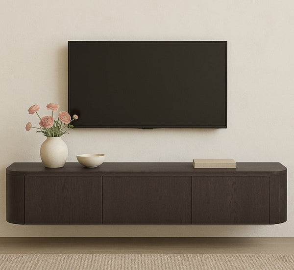 Japandi hangend TV-meubel Novu met ronde zijkanten 180cm - zwartbruin espresso
