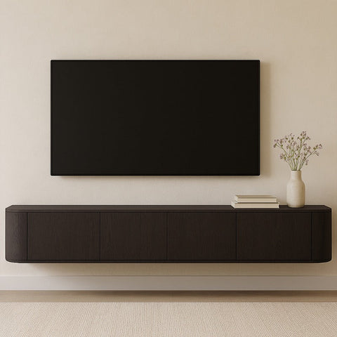 Japandi hangend TV-meubel Maku - warm donkerbruin eiken 220cm Houtenmeubelshop