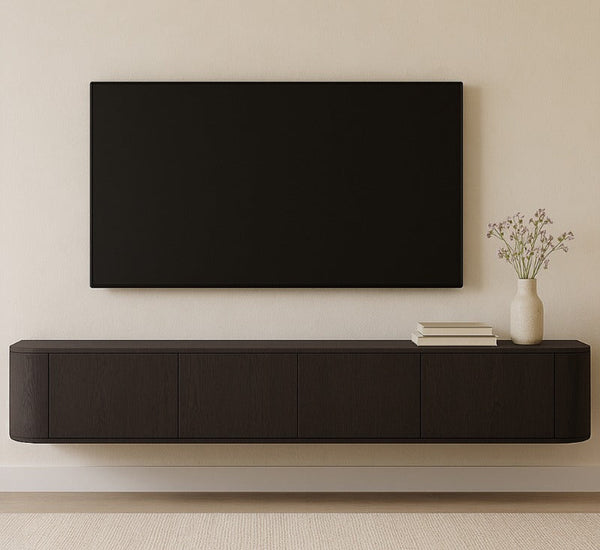 Japandi hangend TV-meubel Novu met ronde zijkanten 220cm - zwartbruin espresso