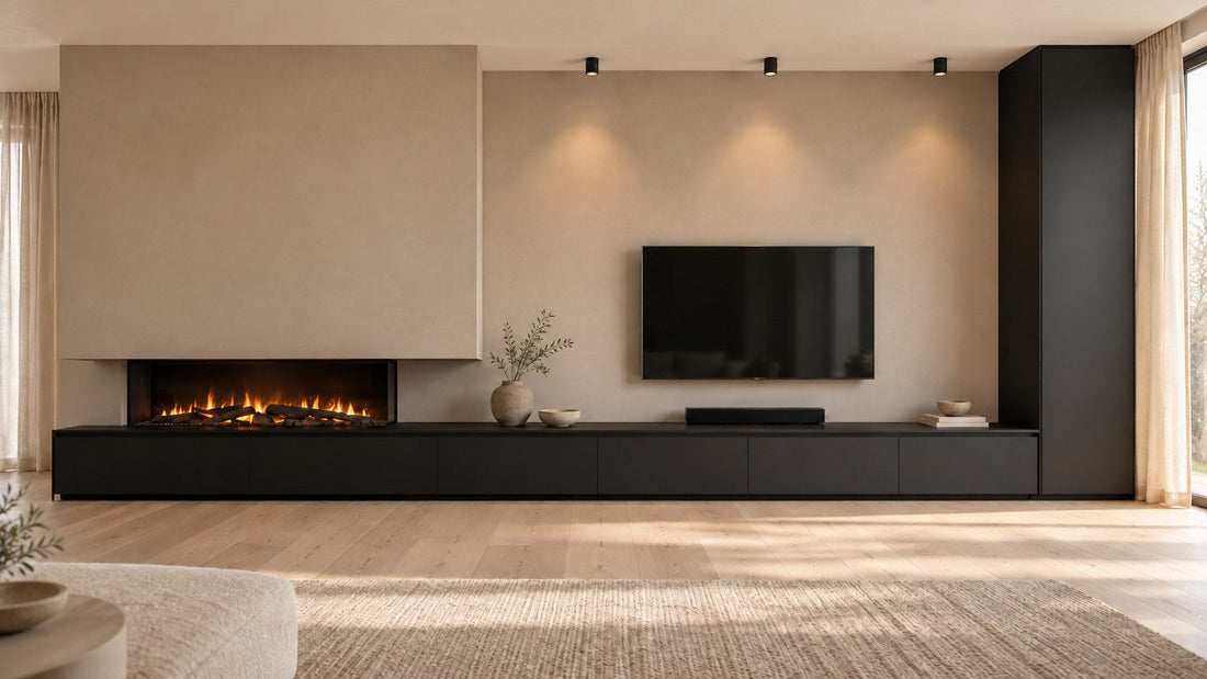 Zwart TV-wandmeubel plaatmateriaal met sfeerhaard, koof en hoge zijkast Houtenmeubelshop