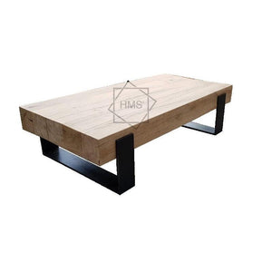 Robuust eikenhouten salontafel met stalen onderstel - Houtenmeubelshop