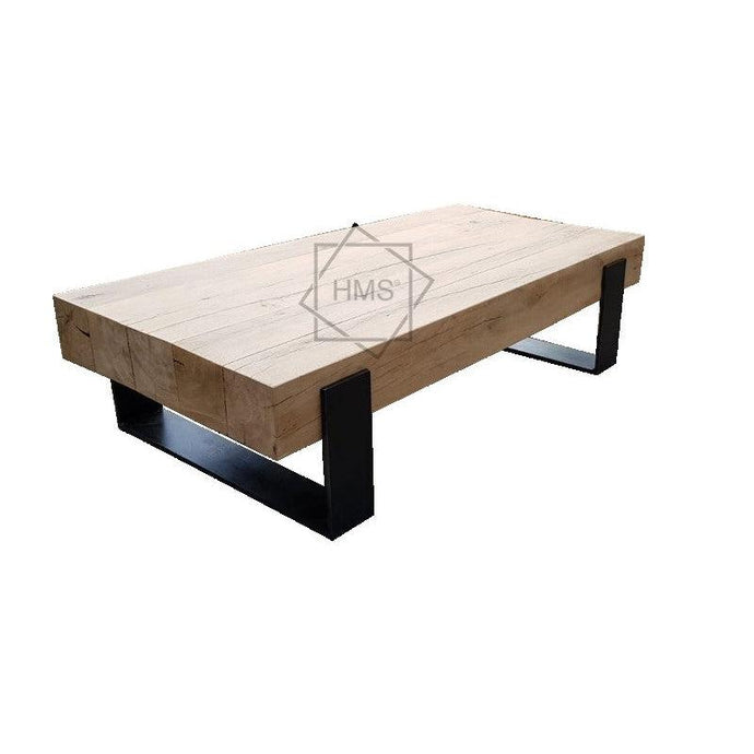 Robuust eikenhouten salontafel met stalen onderstel - Houtenmeubelshop