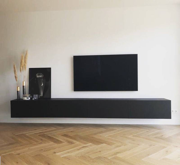 TV-meubel hangend zwart eiken met klepdeurtjes