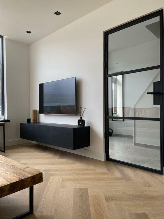 TV-meubel hangend zwart eiken met klepdeurtjes Houtenmeubelshop